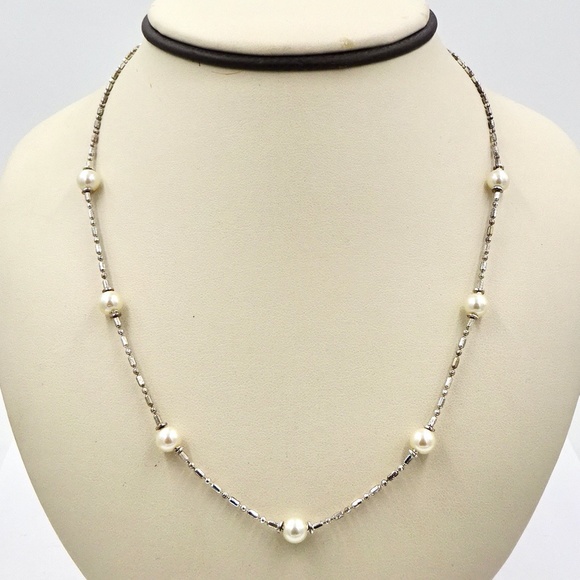 MARVELLA Silver Faux Pearl Station Necklace 18 1/2" Long NWT - Picture 3 of 5